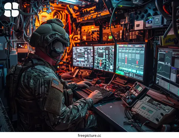 Soldier using computers in a military vehicle