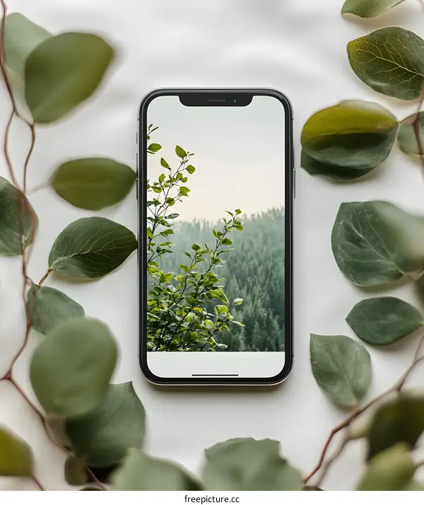 Smartphone with Nature Wallpaper and Green Leaves on White Background
