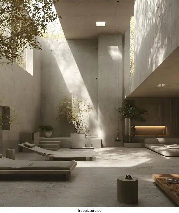 Minimalist Concrete Architecture with Sunlight Streaming Through Openings
