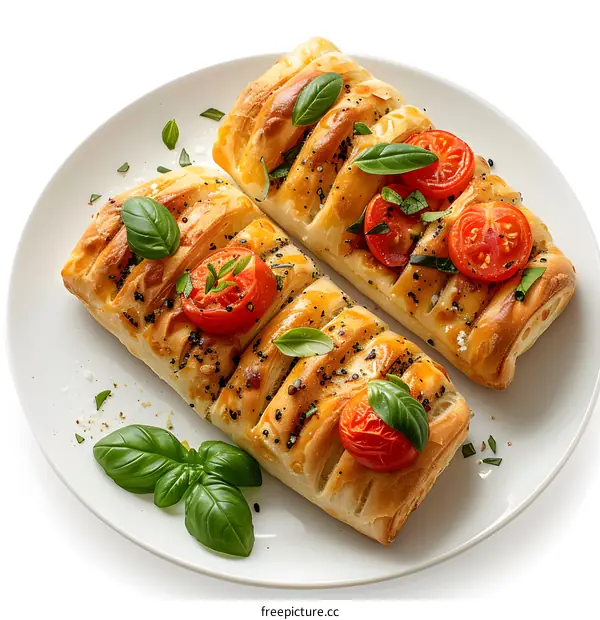 Homemade puff pastry with tomatoes, basil and cheese