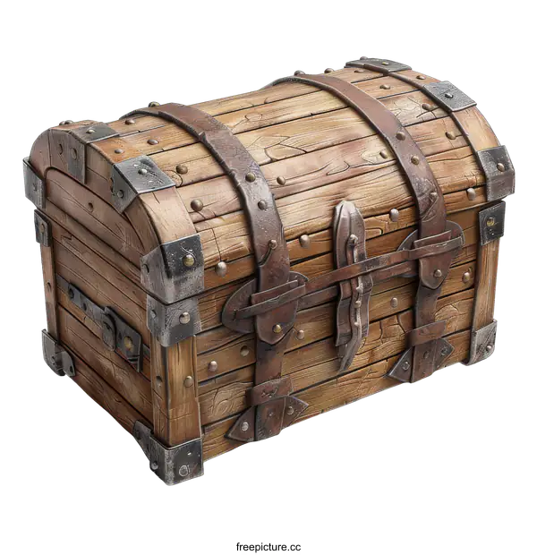 [Transparent Background PNG]Old wooden chest with metal hinges and lock