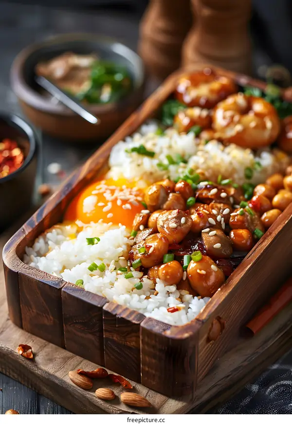 Rice bowl with chicken, egg and vegetables