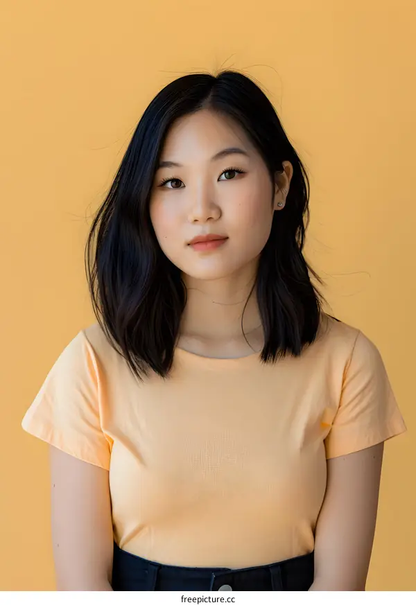 Portrait of Young Asian Woman Wearing a Peach Colored T Shirt