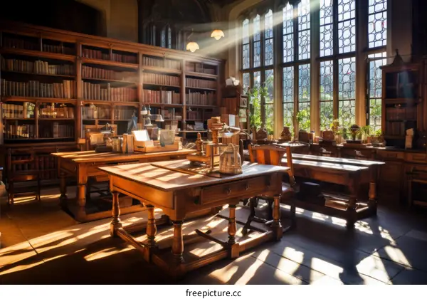 Sunlight shining through the stained glass windows of a library