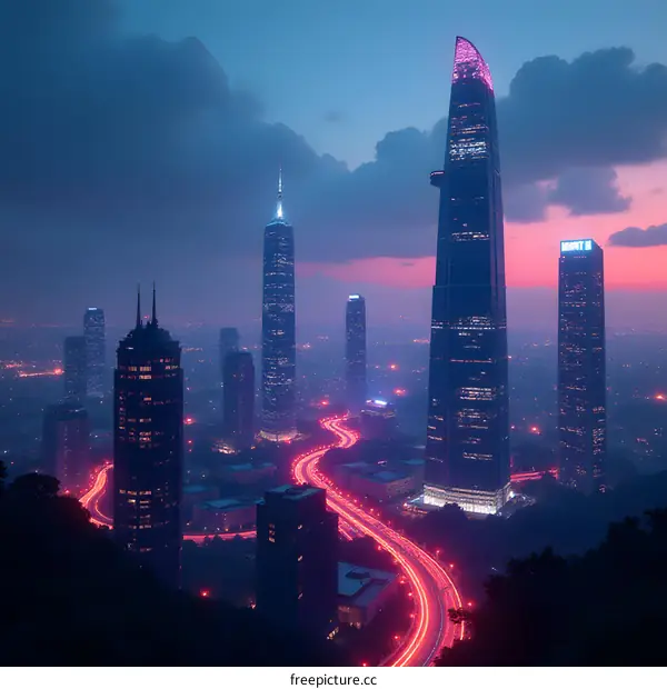 Cityscape with Skyscrapers and Neon Lights at Night
