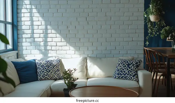 Modern Cozy Living Room with White Brick Wall