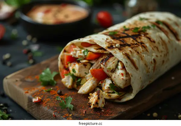 A delicious and healthy chicken wrap with fresh vegetables and herbs