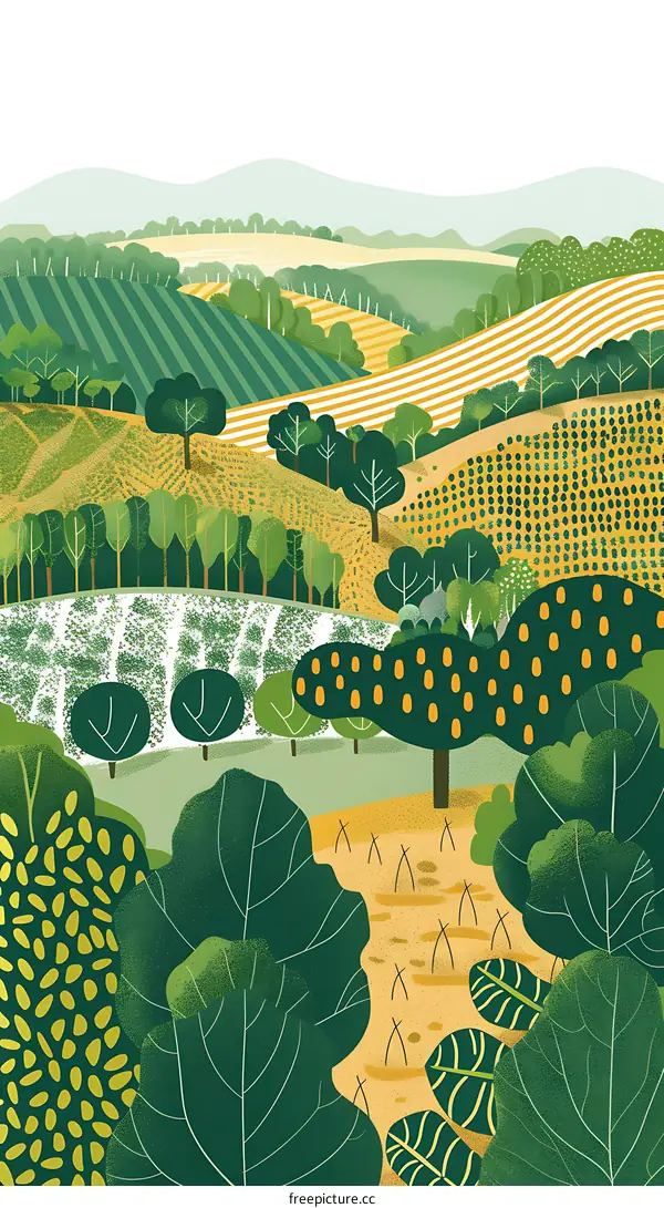 Green Hills Landscape Illustration With Trees And Fields