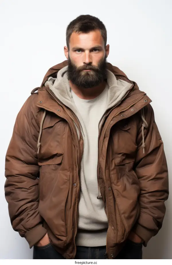 portrait of a handsome bearded man in a brown jacket