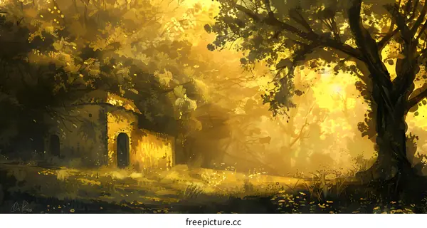 fantasy forest ruins overgrown by giant tree