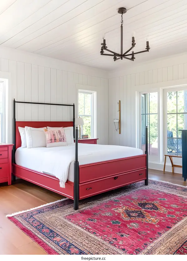 Modern Farmhouse Bedroom Interior Design With Red Bed