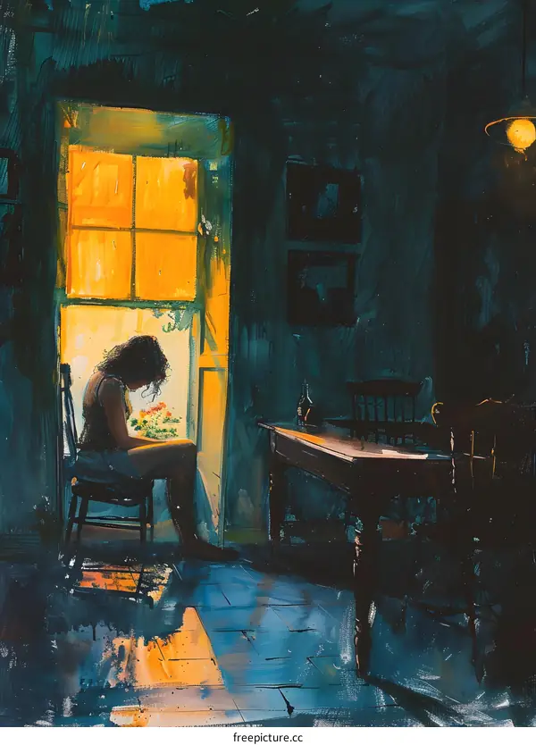 A woman is sitting in a chair in a dark room. There is a bright light coming in from the window.