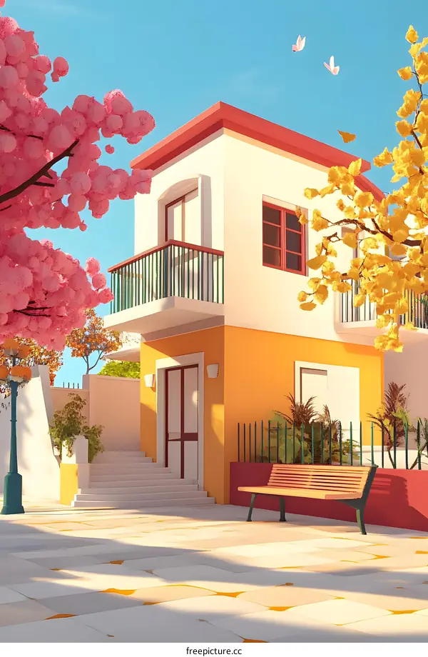 Yellow House with Pink and Yellow Trees