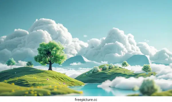 A Colorful Fantasy Landscape with Fluffy Clouds