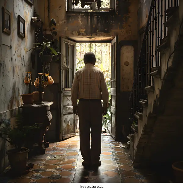 An old man standing in a doorway