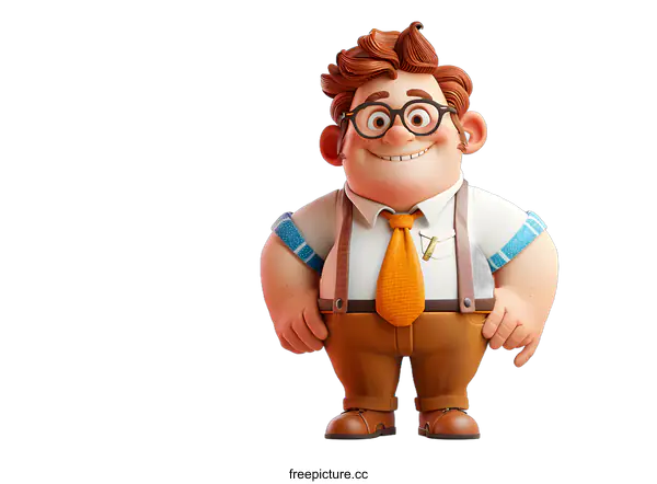 [Transparent Background PNG]Happy Cartoon Character with Glasses and Suspenders