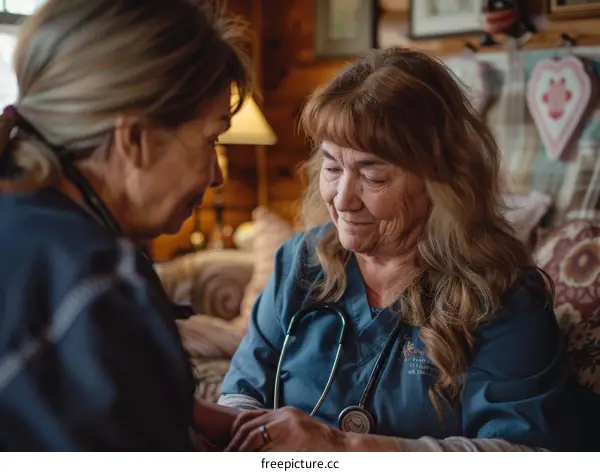 Two female healthcare workers are talking in a room.
