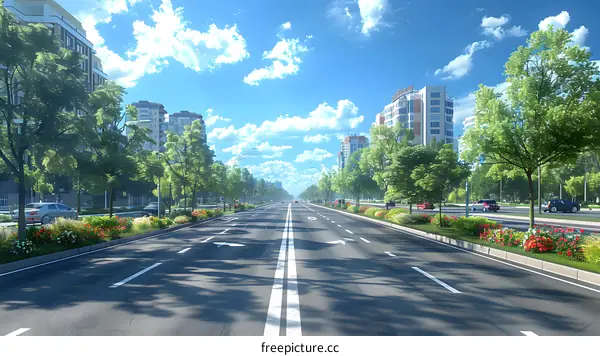 Empty City Street with Green Trees and Blue Sky