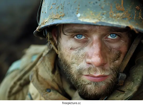 Portrait of a soldier with blue eyes and a helmet
