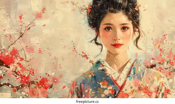 Beautiful Woman in Traditional Japanese Kimono with Cherry Blossoms