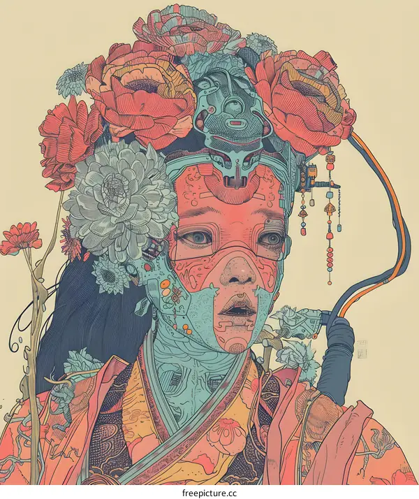 Cyberpunk Woman with Floral Headpiece