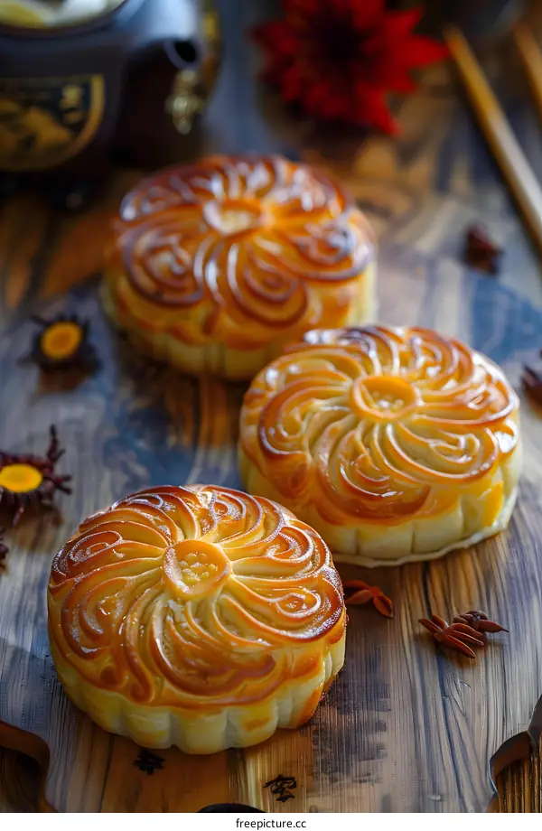 Traditional Chinese Moon Cakes on Wooden Cutting Board