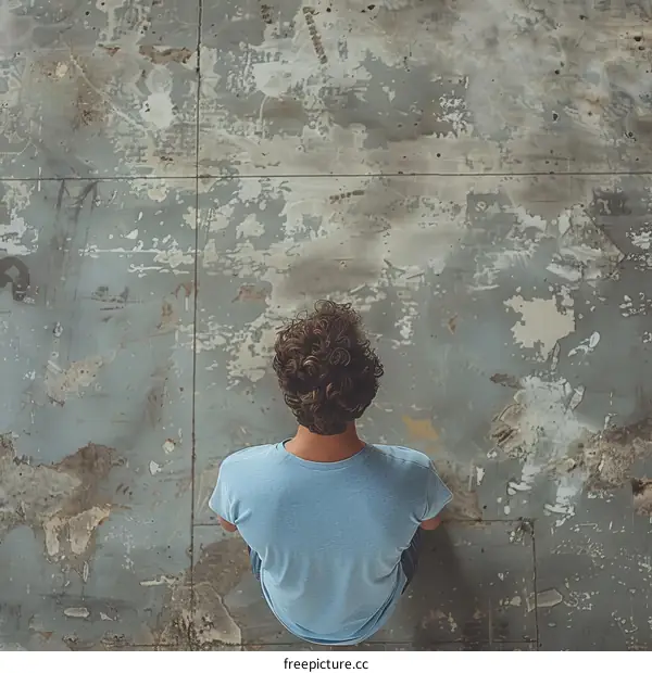 man in blue shirt sitting on the floor