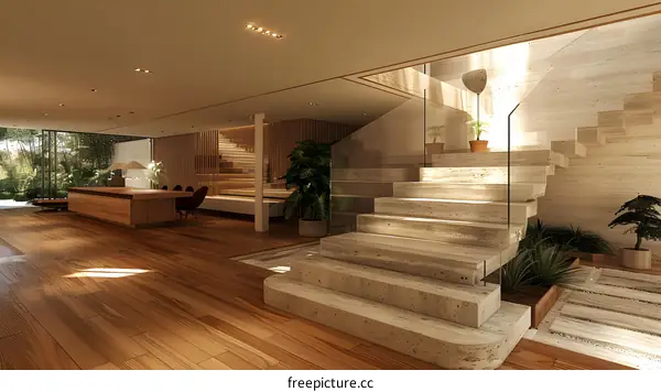 Modern house interior with wooden floor and staircase