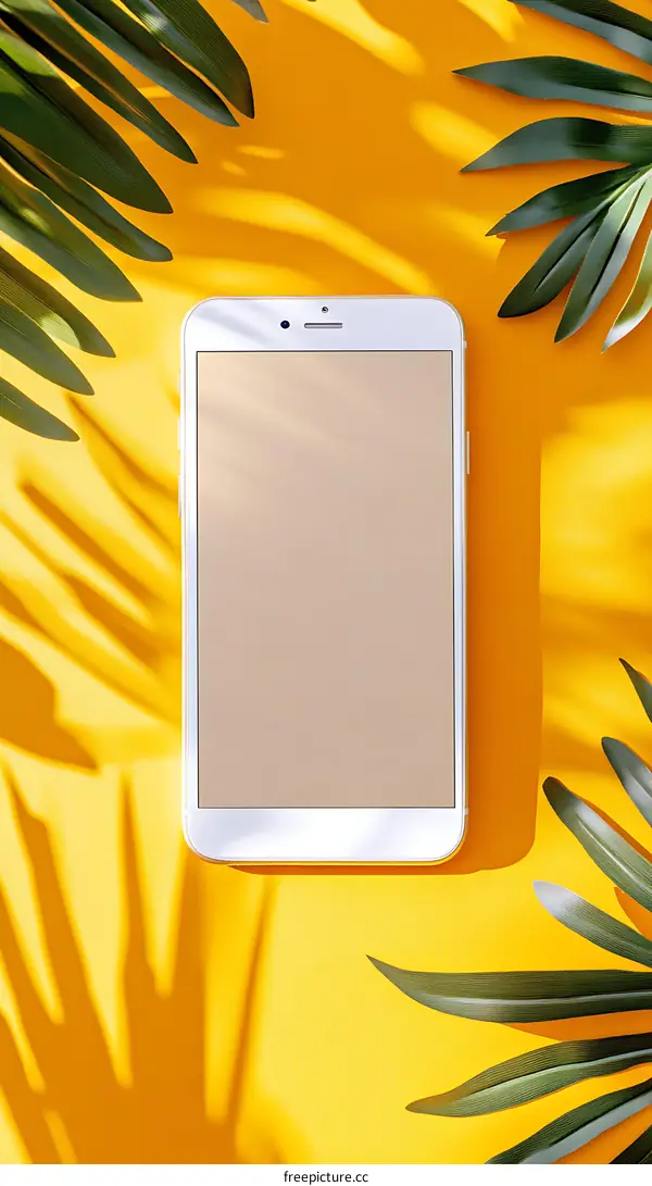 White Smartphone with Tropical Leaves and Sunlight Shadows on Yellow Background
