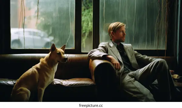 A man and his dog are sitting on a couch looking out the window.
