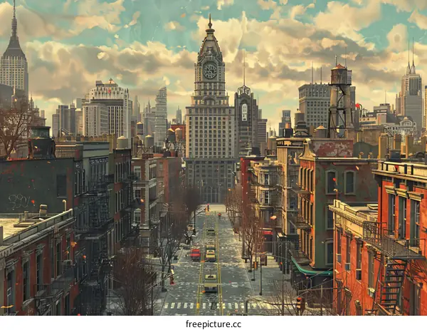 City Street with Skyscrapers and Clock Tower