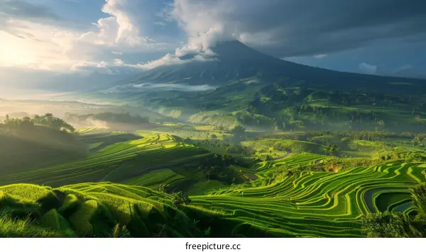 volcano rice terraces mountain landscape indonesia
