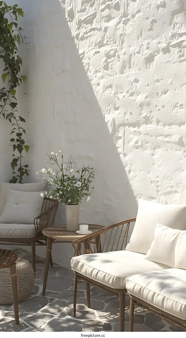 White Wall Patio with Wicker Furniture and Flowers