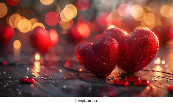 Two red heart-shaped candies on a wooden table.