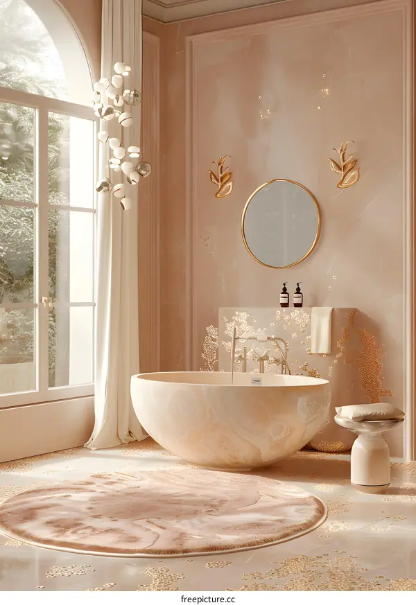 Luxury Bathroom Interior Design with Stone Bathtub and Golden Decor