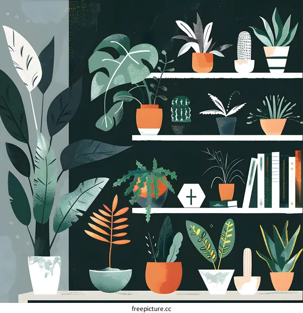 Collection of Plants in Pots on a Shelf