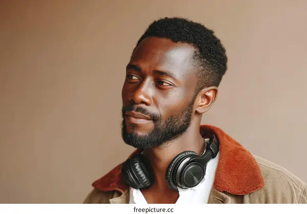 Thoughtful African Man Wearing Headphones
