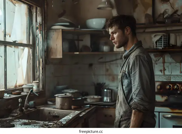 A man standing in a kitchen looking out the window