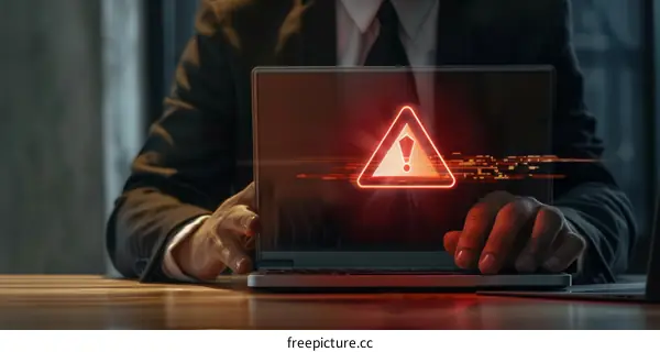 Businessman using laptop with alert message on screen