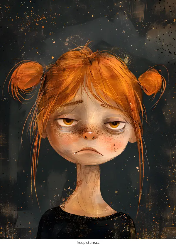 Portrait of a sad looking girl with freckles and orange hair wearing a black shirt