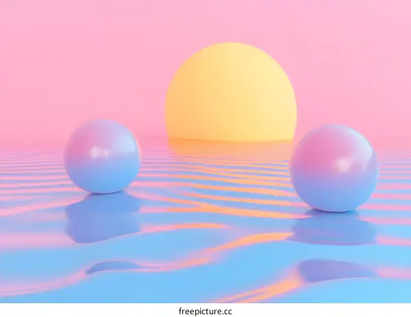 Abstract 3D Rendering of Spheres Floating on Water with a Pink and Blue Gradient Background