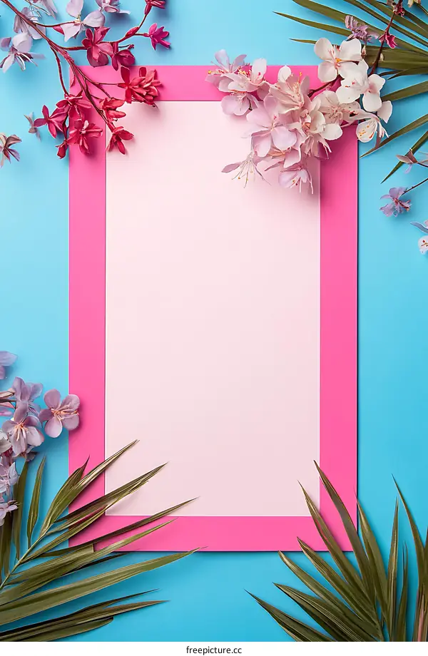 Pink and Blue Minimalist Background with Flowers and Palm Leaves