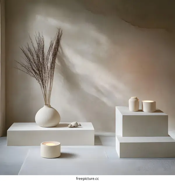 Minimalist Interior Design with White Vases and Candles on Concrete Pedestals