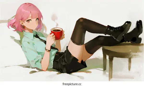 Pink Haired Woman in Casual Attire with Coffee Cup