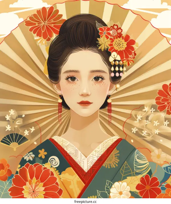 portrait of a beautiful asian woman in traditional japanese kimono with floral hair accessories and red and gold background