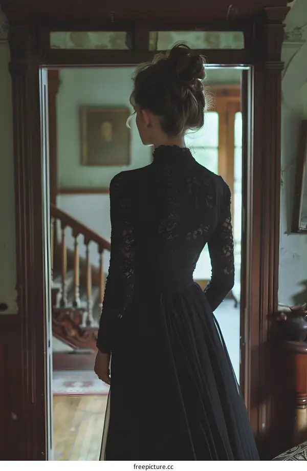 Woman in Black Dress Standing in Doorway of Vintage Home