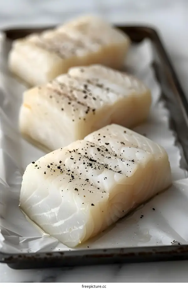Fresh Cod Fillets on a Baking Sheet