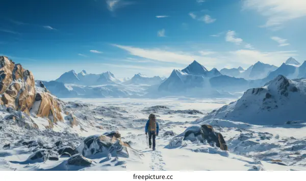 A lone hiker traverses a vast snow-covered mountain landscape
