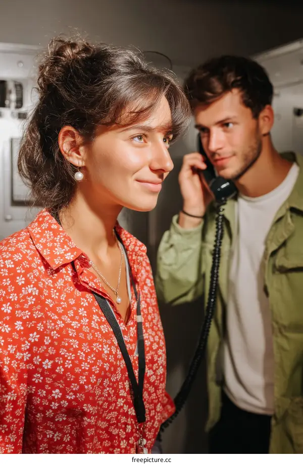 Two People Talking on Retro Phone in a Room