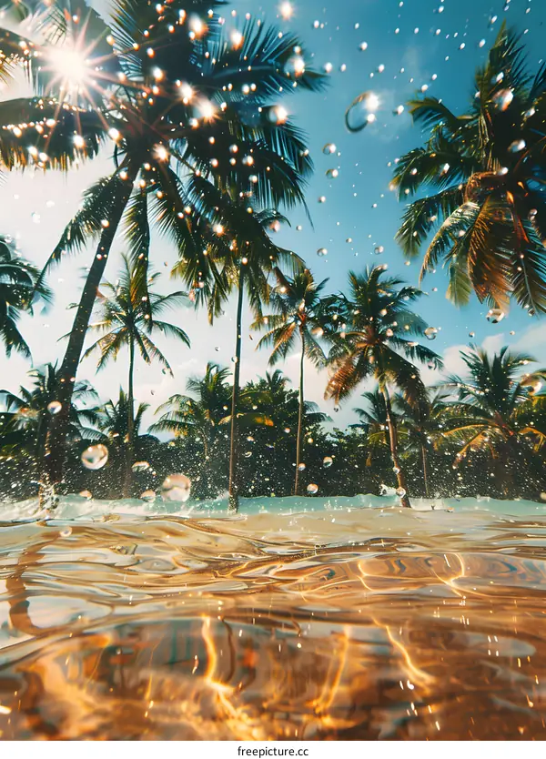 Palm trees over water with sun rays shining through